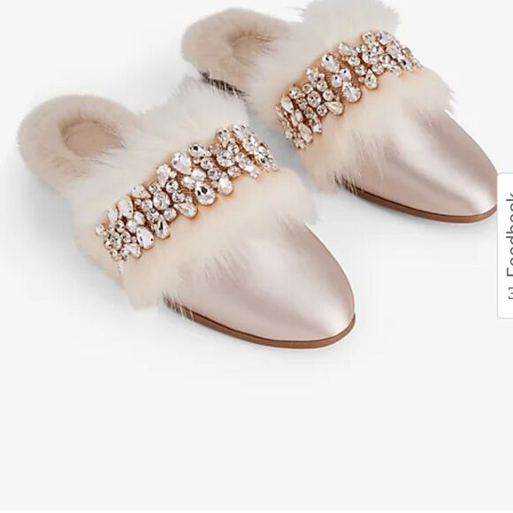 Express Shoes - Satin Faux Fur Lined Embellished Slippers size 7-8